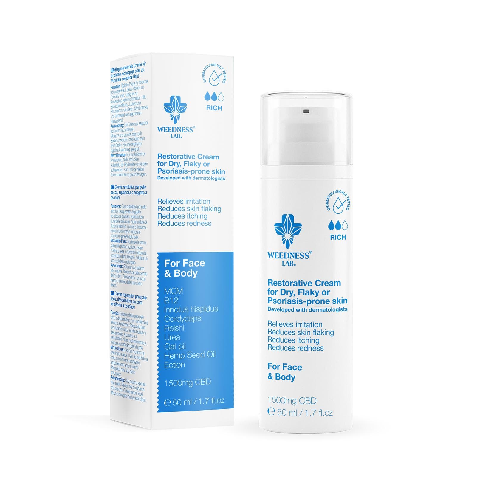 Crème réparatrice au CBD pour peaux sèches, squameuses et à tendance psoriasique.