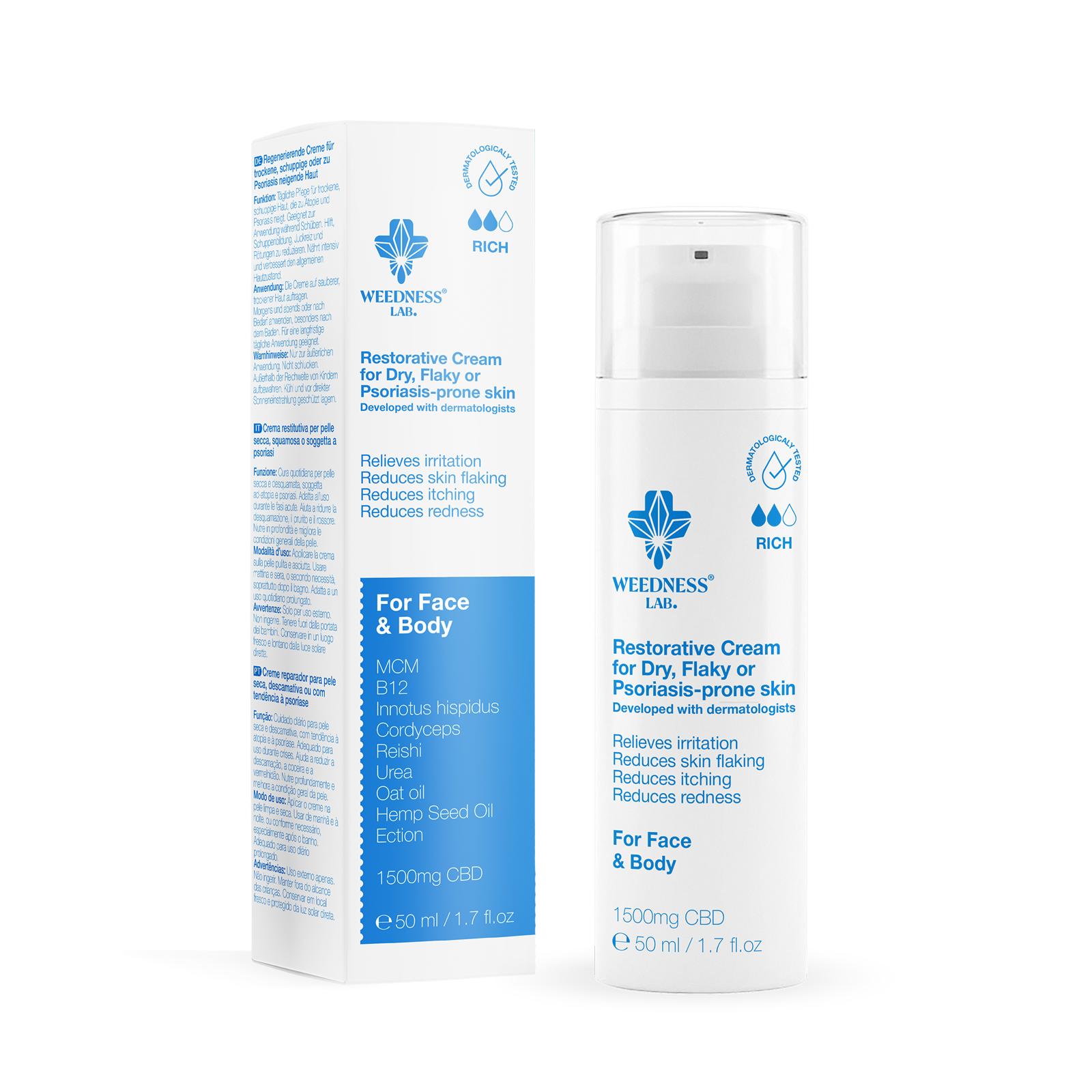 Crème réparatrice au CBD pour peaux sèches, squameuses et à tendance psoriasique.